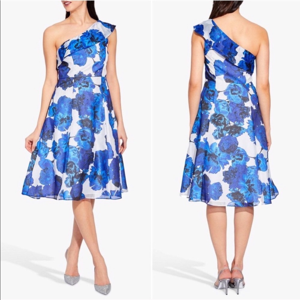 Adrianna Papell Blue and White One-Shoulder Floral Fit-and-Flare Dress